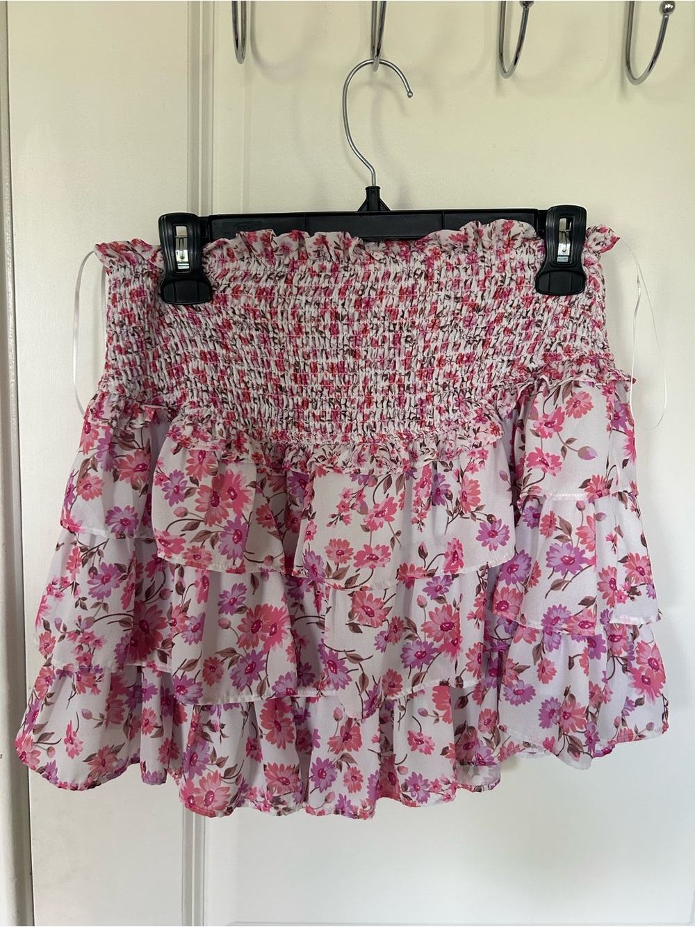 Altar'd State Pink Floral Smocked Ruffle Mini Skirt